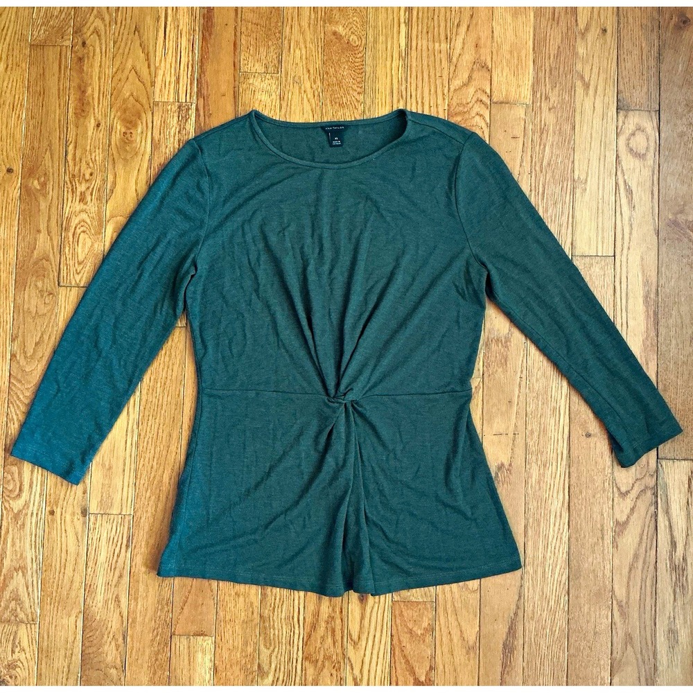 Ann Taylor Womens XS Green Twist Front Knit Top 3/4 Sleeve Round Neck Solid